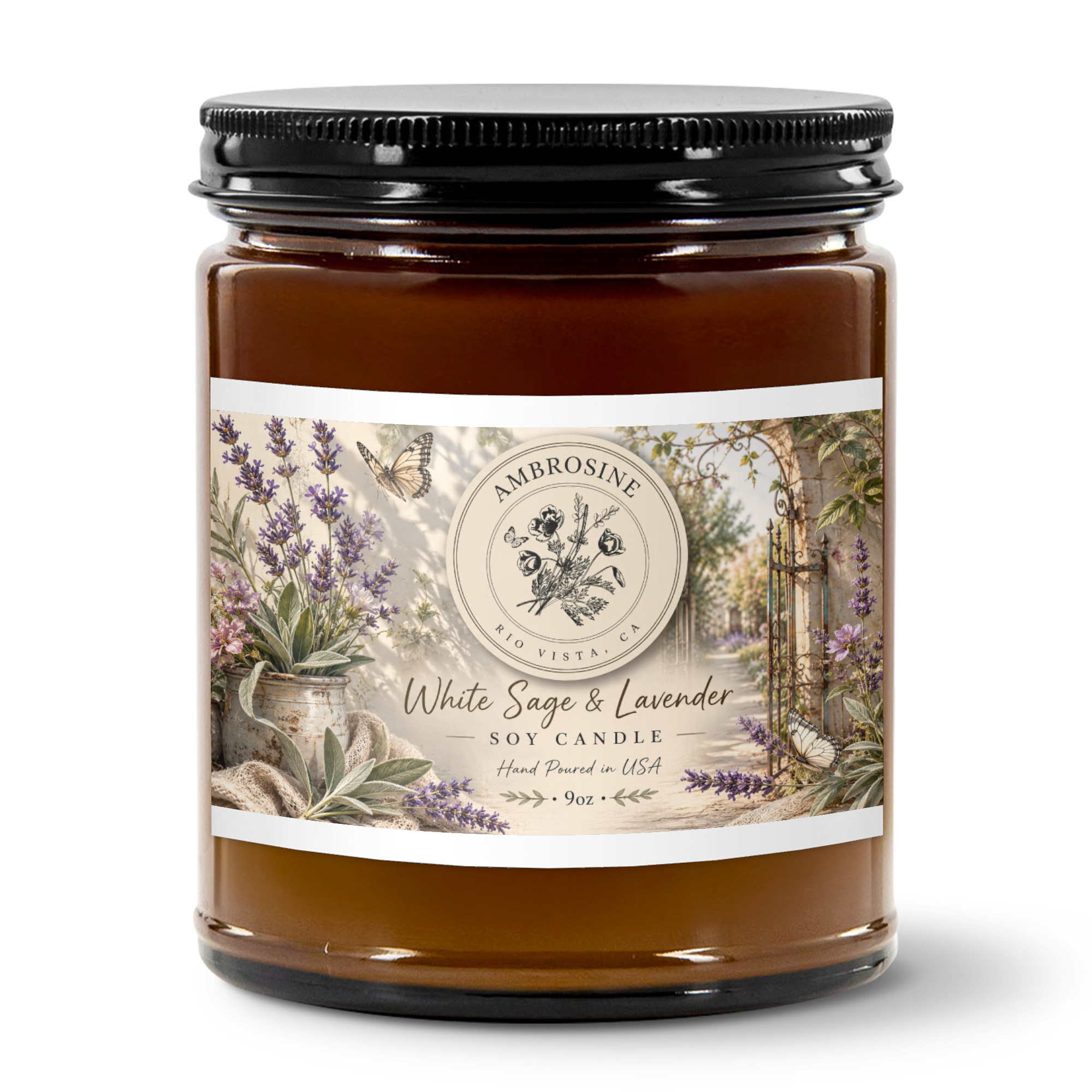 Hand Poured 9oz White Sage & Lavender Amber Jar Candle - Made in the USA
