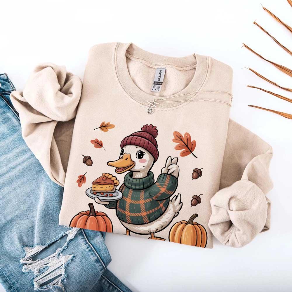 Duck Fall Sweatshirt – Cottagecore Autumn Vibes with Coffee & Pumpkins Crewneck
