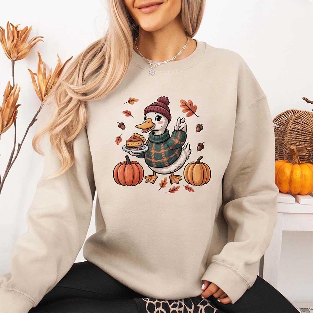 Duck Fall Sweatshirt – Cottagecore Autumn Vibes with Coffee & Pumpkins Crewneck