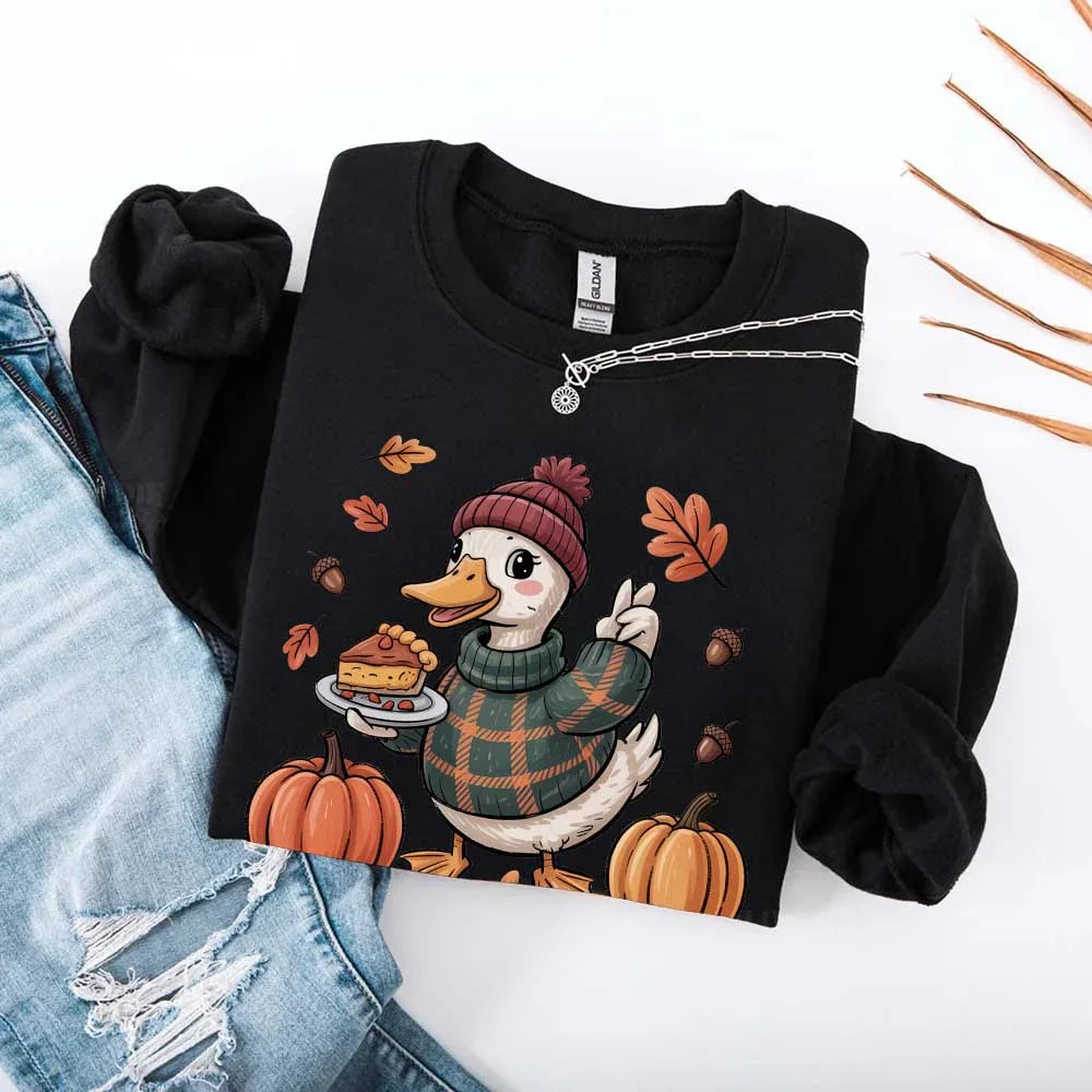 Duck Fall Sweatshirt – Cottagecore Autumn Vibes with Coffee & Pumpkins Crewneck