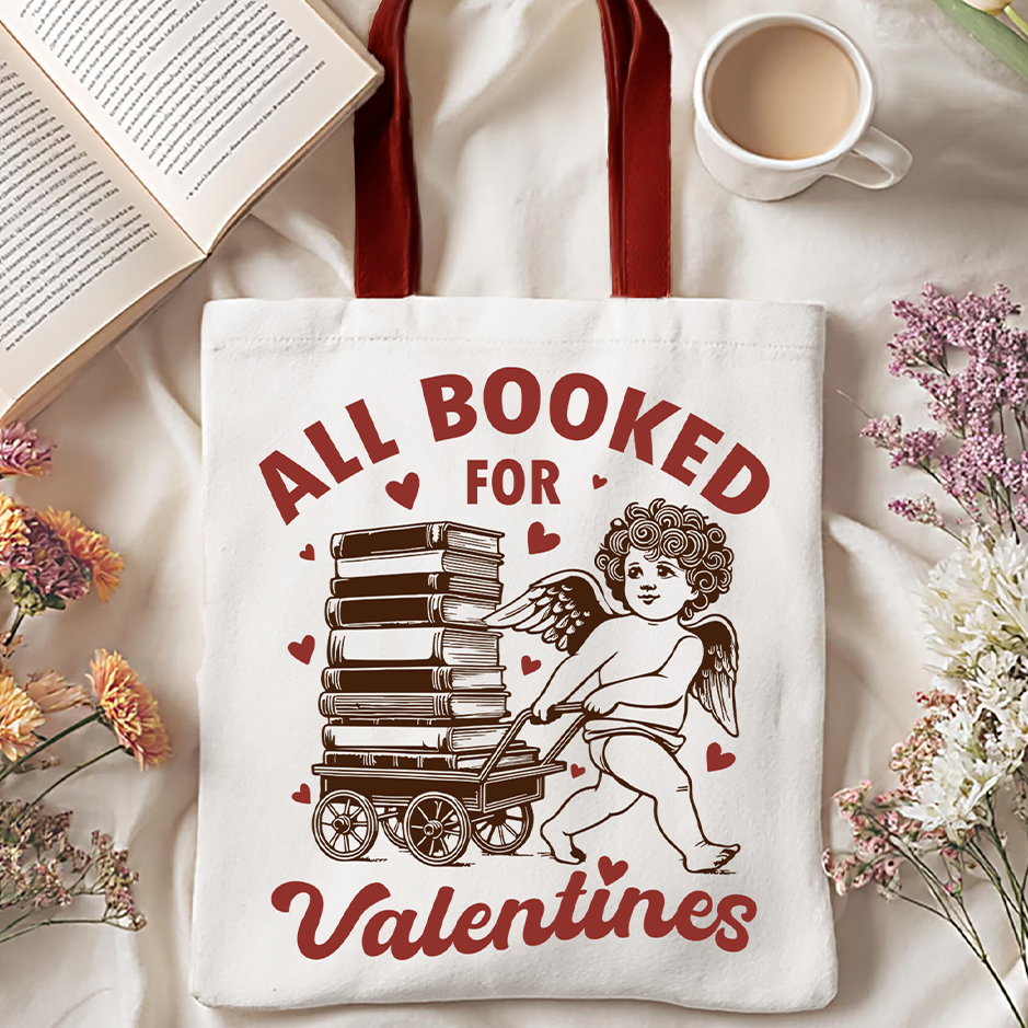 All Booked For Valentines Cupid Canvas Tote Bag, Vintage Funny Bookworm Gift