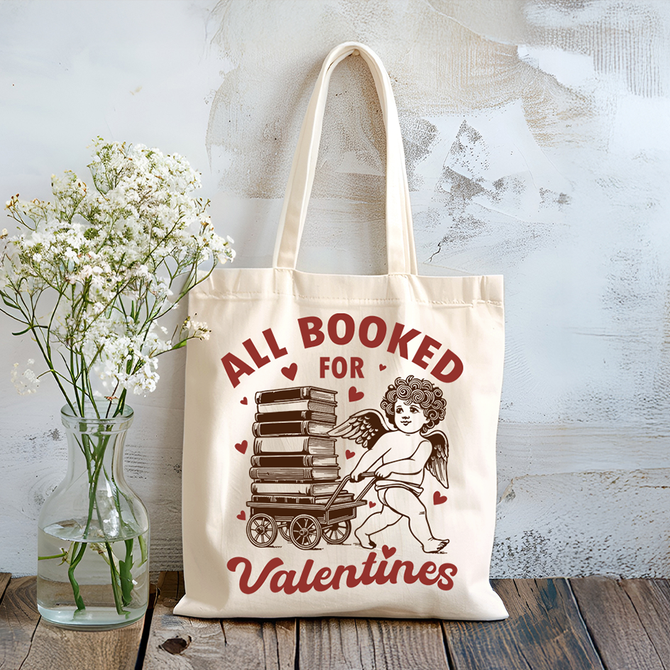 All Booked For Valentines Cupid Canvas Tote Bag, Vintage Funny Bookworm Gift