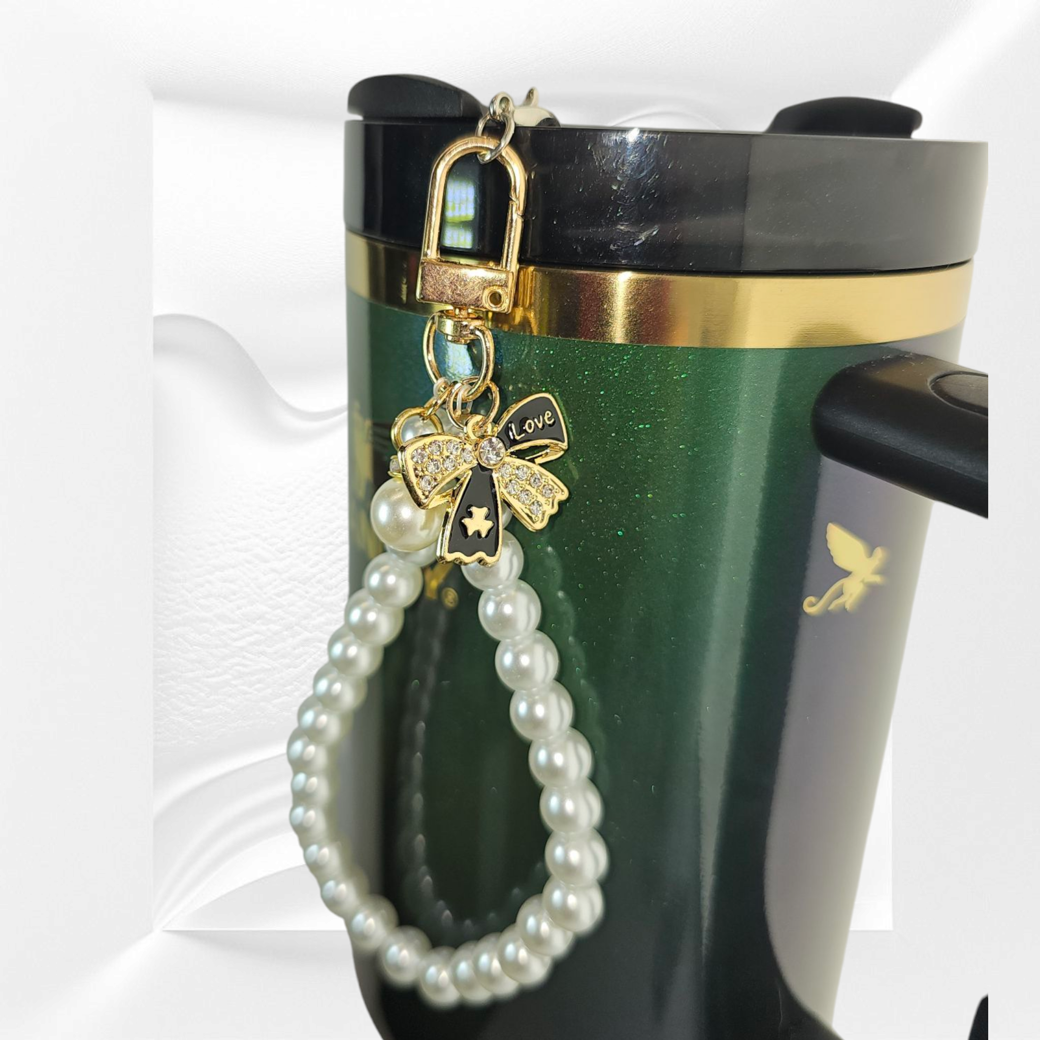 Gold Ribbon Bow and Faux Pearl Beaded Tumbler Charm Bracelet