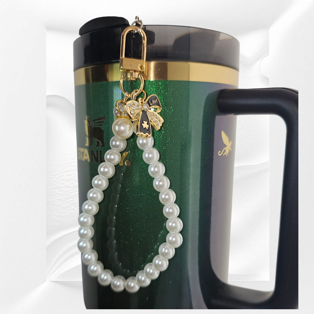 Gold Ribbon Bow and Faux Pearl Beaded Tumbler Charm Bracelet