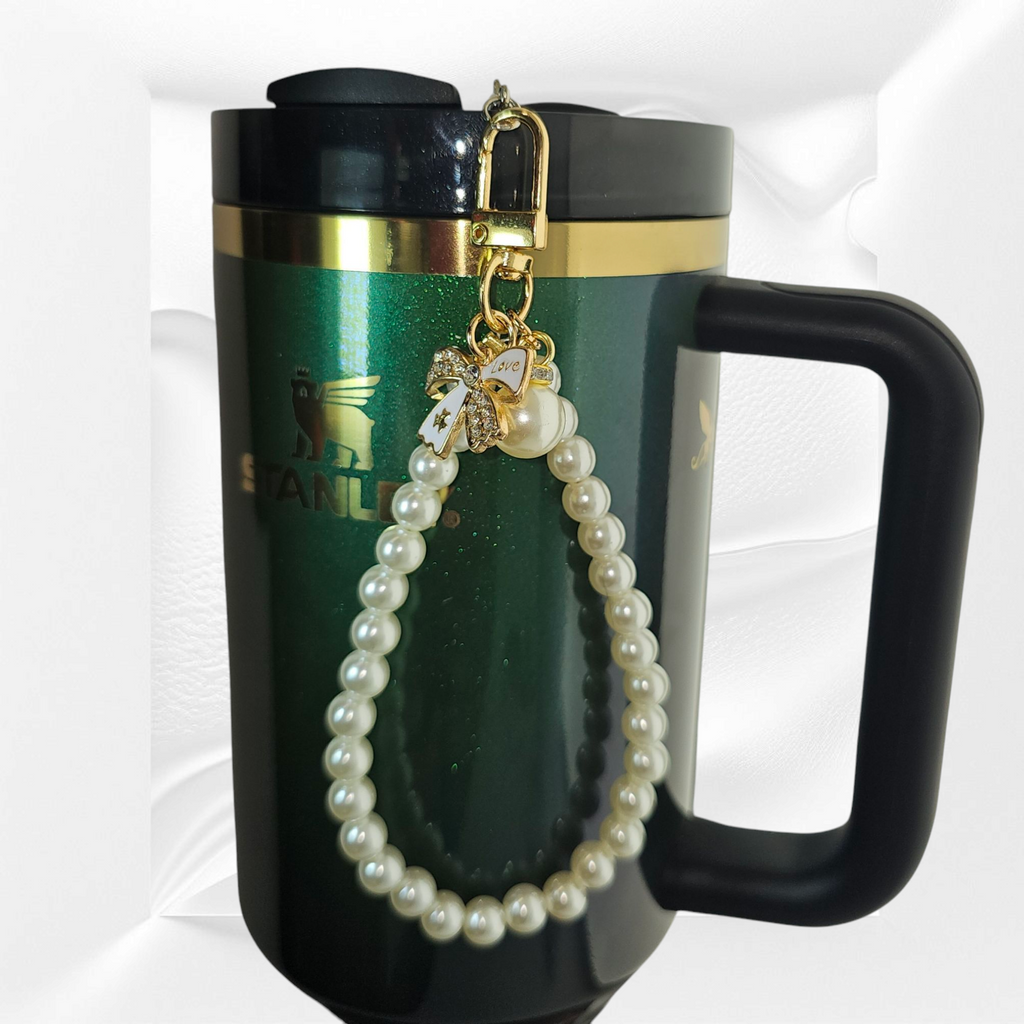 Gold Ribbon Bow and Faux Pearl Beaded Tumbler Charm Bracelet