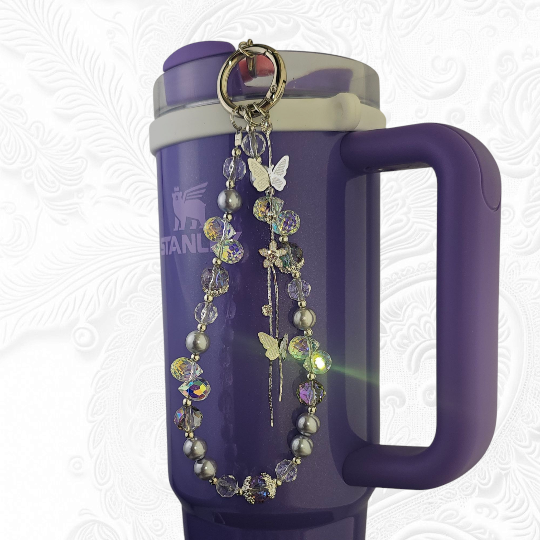 Deluxe Butterfly Beaded Tumbler Charm Necklace  - Purple