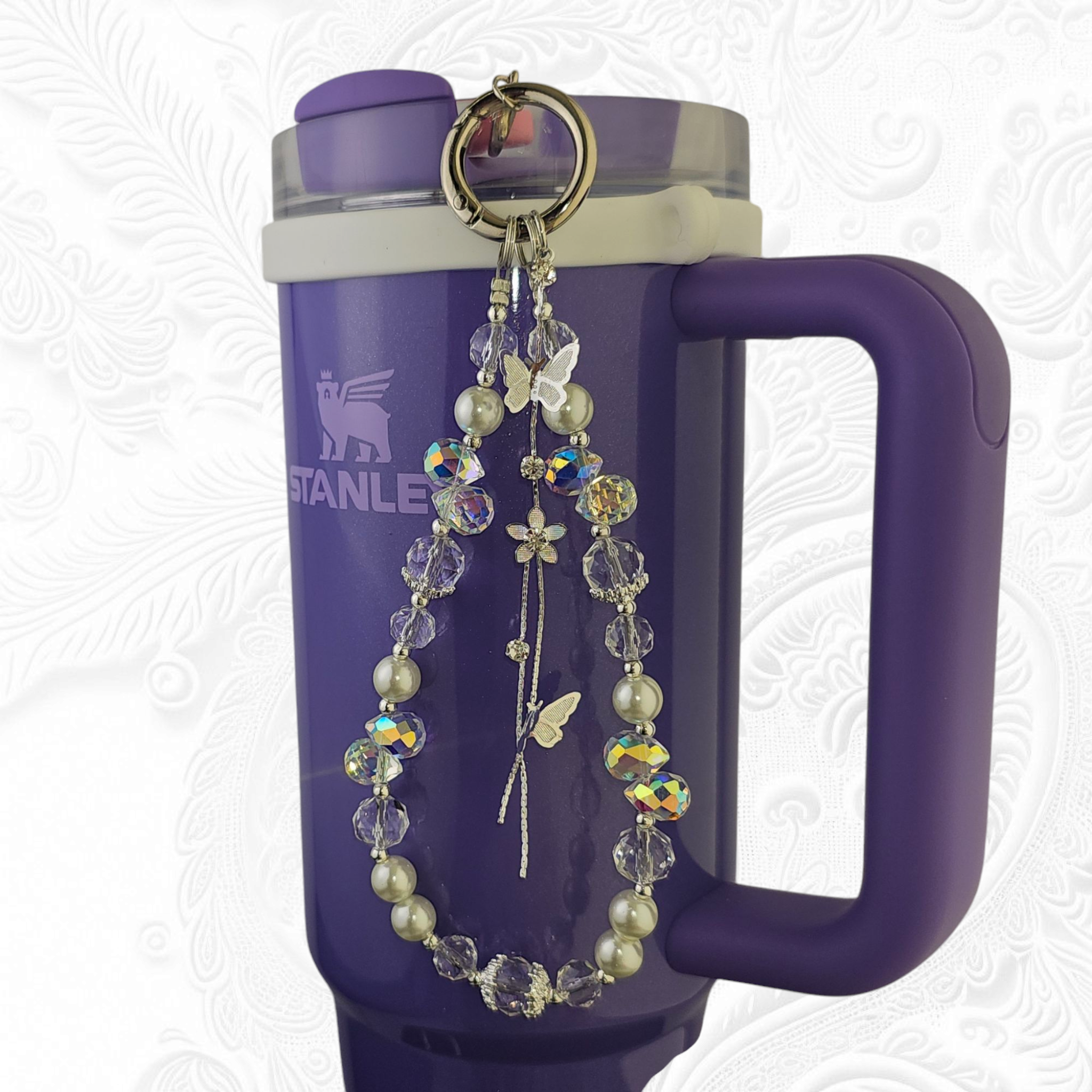 Deluxe Butterfly Beaded Tumbler Charm Necklace  - White